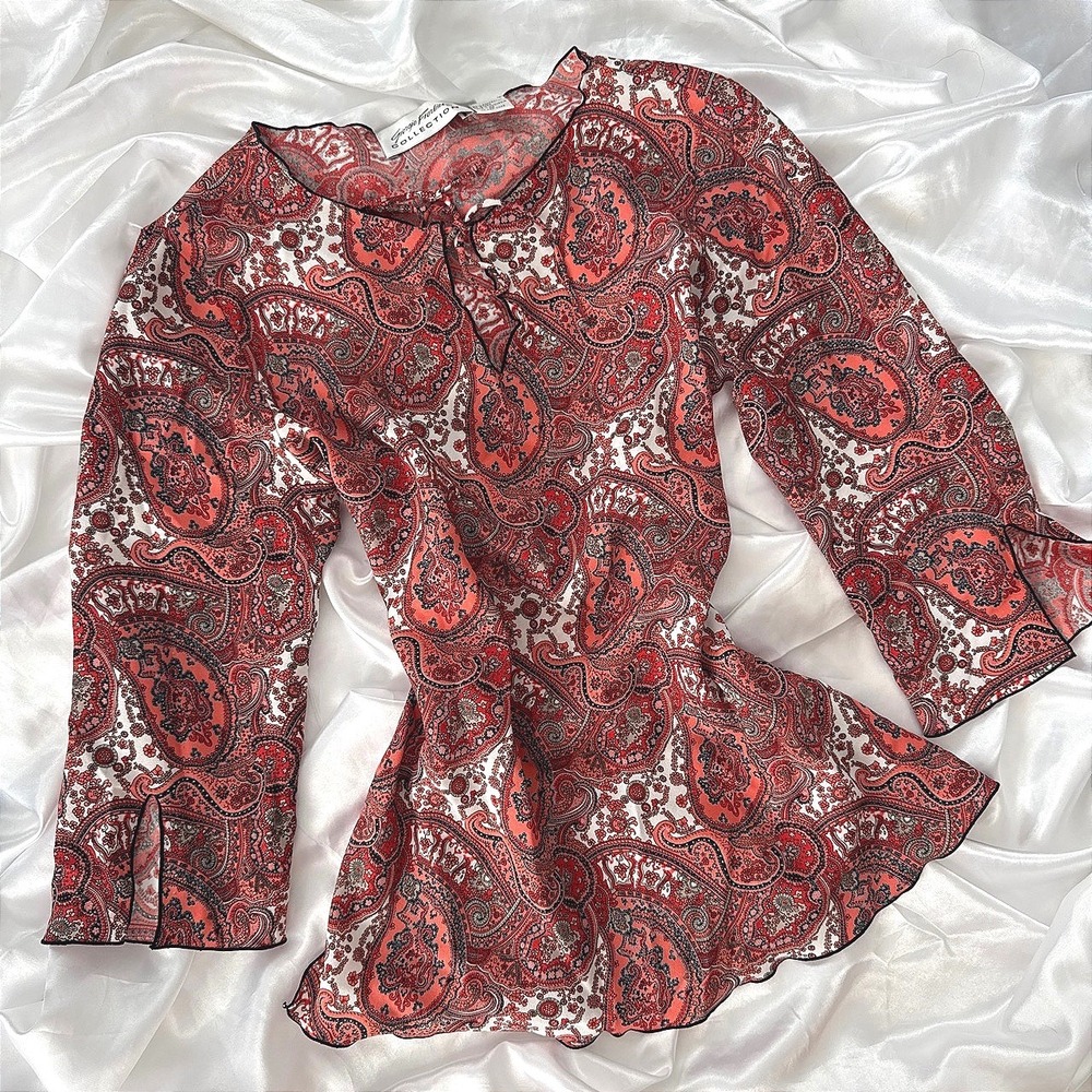 Giorgio Fiorlini Red Paisley Print Tie Neck Blouse Lettuce Edge Medium